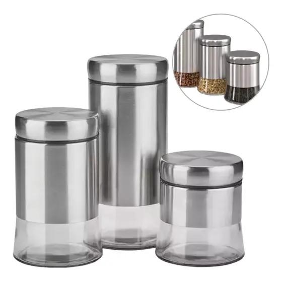 Jogo 3 Potes Cozinha E Organização Aço Inox Fechamento Hermético / 3PCS / INOX
