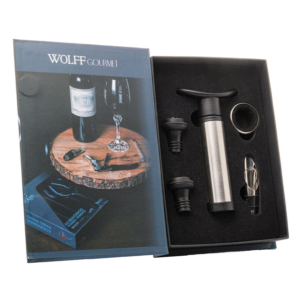 Jogo para vinho em aço inox com caixa Wolff 5 peças.