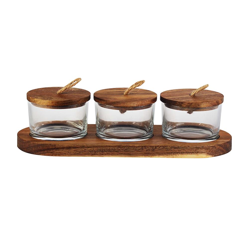 Jogo de 3 petisqueiras com tampa e suporte em madeira Lhermitage Wooden 120ml 4 peças