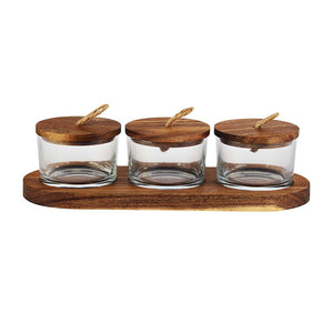 Jogo de 3 petisqueiras com tampa e suporte em madeira Lhermitage Wooden 120ml 4 peças