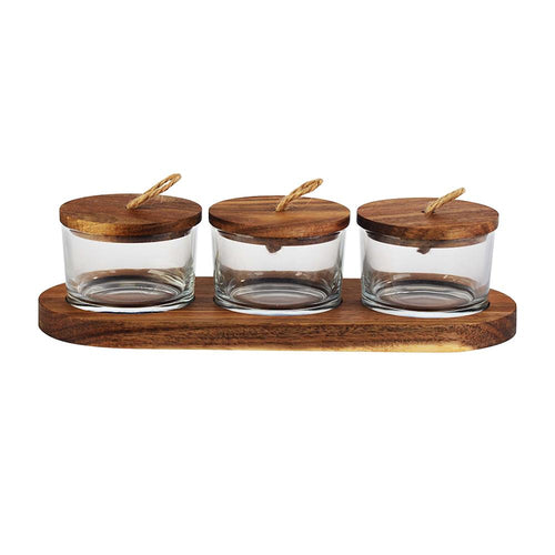 Jogo de 3 petisqueiras com tampa e suporte em madeira Lhermitage Wooden 120ml 4 peças