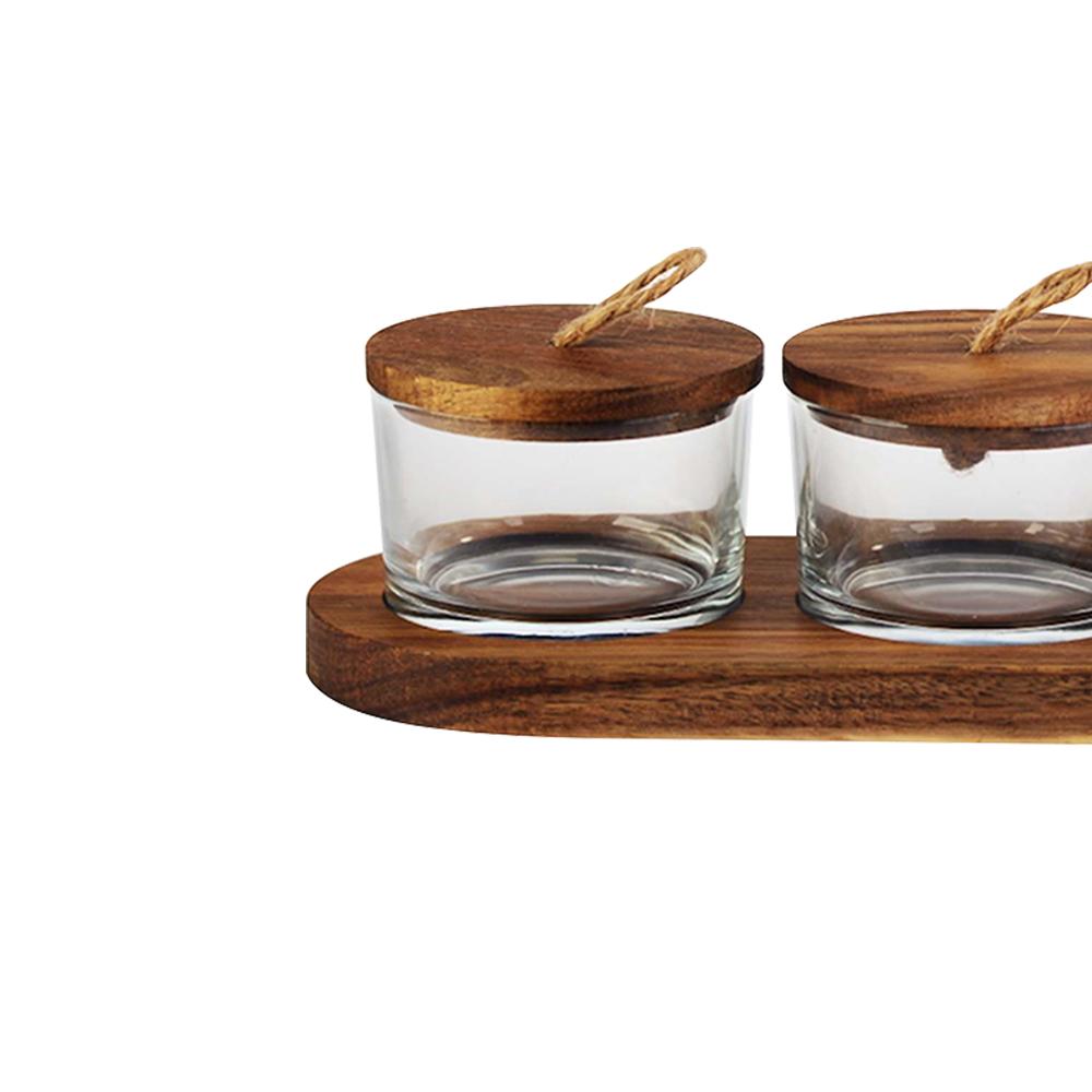 Jogo de 3 petisqueiras com tampa e suporte em madeira Lhermitage Wooden 120ml 4 peças