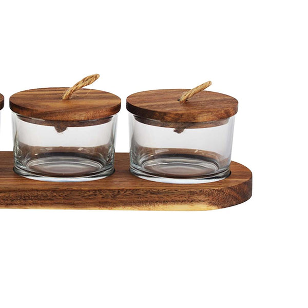 Jogo de 3 petisqueiras com tampa e suporte em madeira Lhermitage Wooden 120ml 4 peças