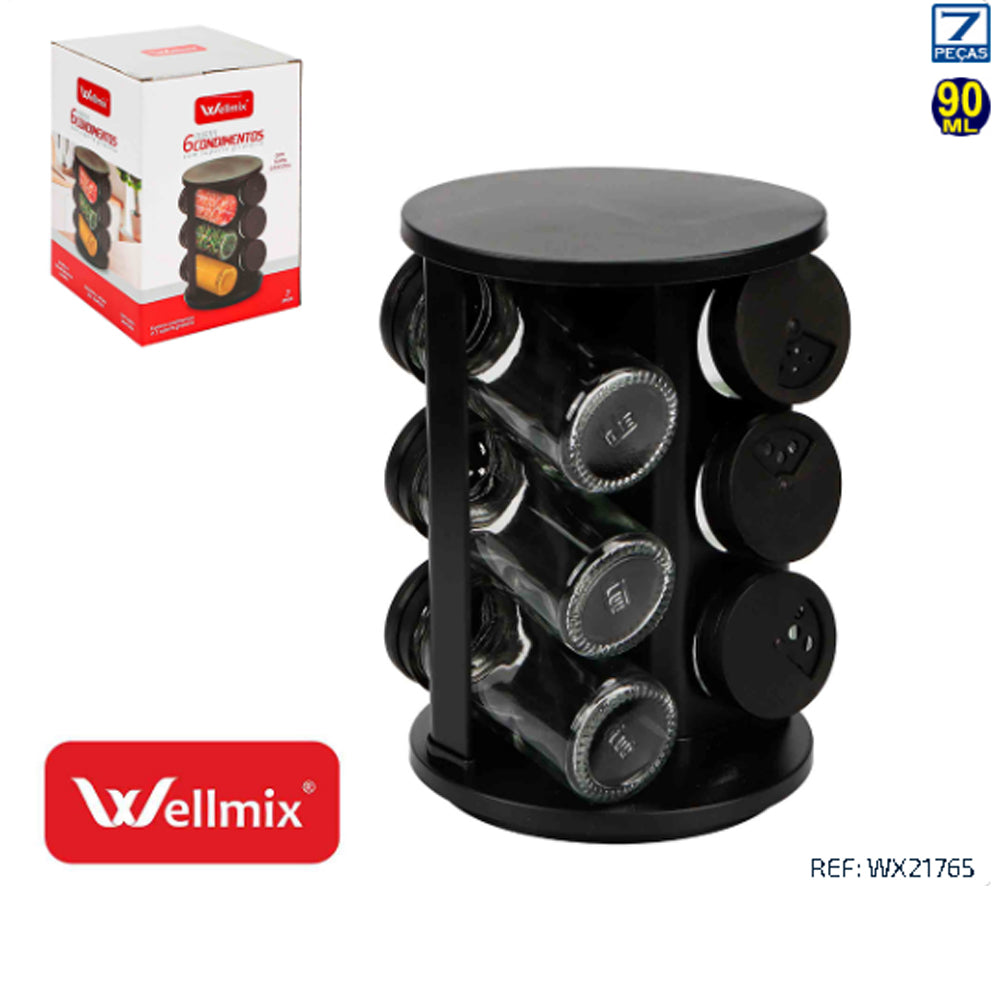 Porta Condimentos Giratório em vidro Wellmix Davos Preto 6 peças