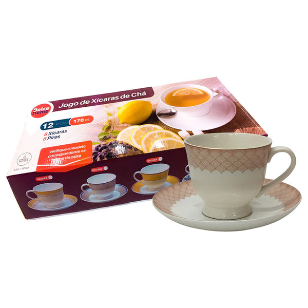 Jogo de Xícara de Chá de Porcelana  Dolce Home Coreana Detalhes Rosa 12 pçs