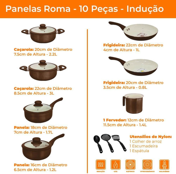 Jogo de panelas em cerâmica Roma Casambiente com indução 10 peças