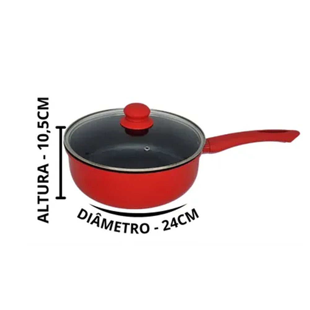 Panela Nanocerâmco com tampa vidro Lehaví 24cm Vermelha Indução