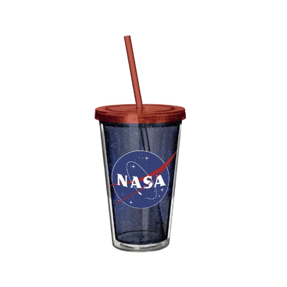 Copo parede dupla com canudo em plástico Nasa Galaxy 500ml