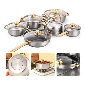 Conjunto 6 panelas aço inox prateado com cabo dourado gold