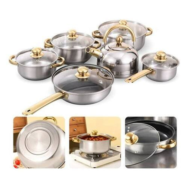 Conjunto 6 panelas aço inox prateado com cabo dourado gold