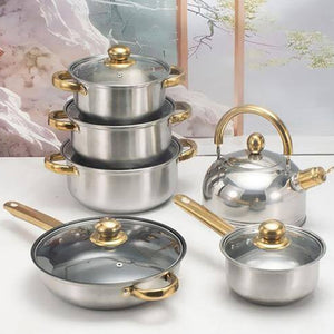 Conjunto 6 panelas aço inox prateado com cabo dourado gold