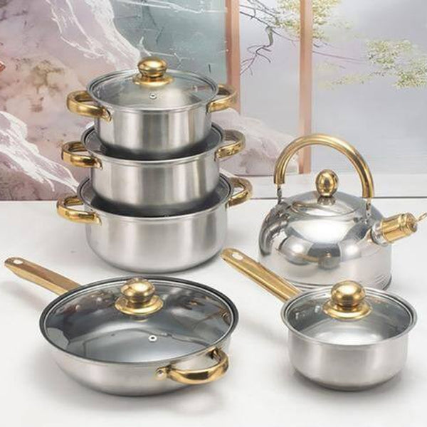 Conjunto 6 panelas aço inox prateado com cabo dourado gold