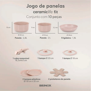 Jogo de panelas 10 peças empilhável com cabo removível areia