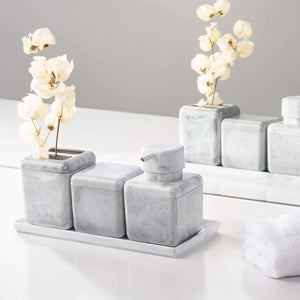 Porta Sabonete Líquido de Bancada para Banheiro 330ml Plástico Mármore Branco Cube Coza