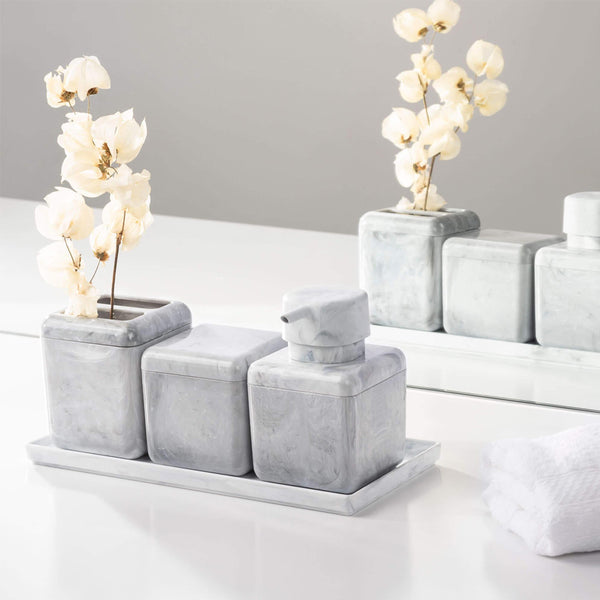 Porta Sabonete Líquido de Bancada para Banheiro 330ml Plástico Mármore Branco Cube Coza