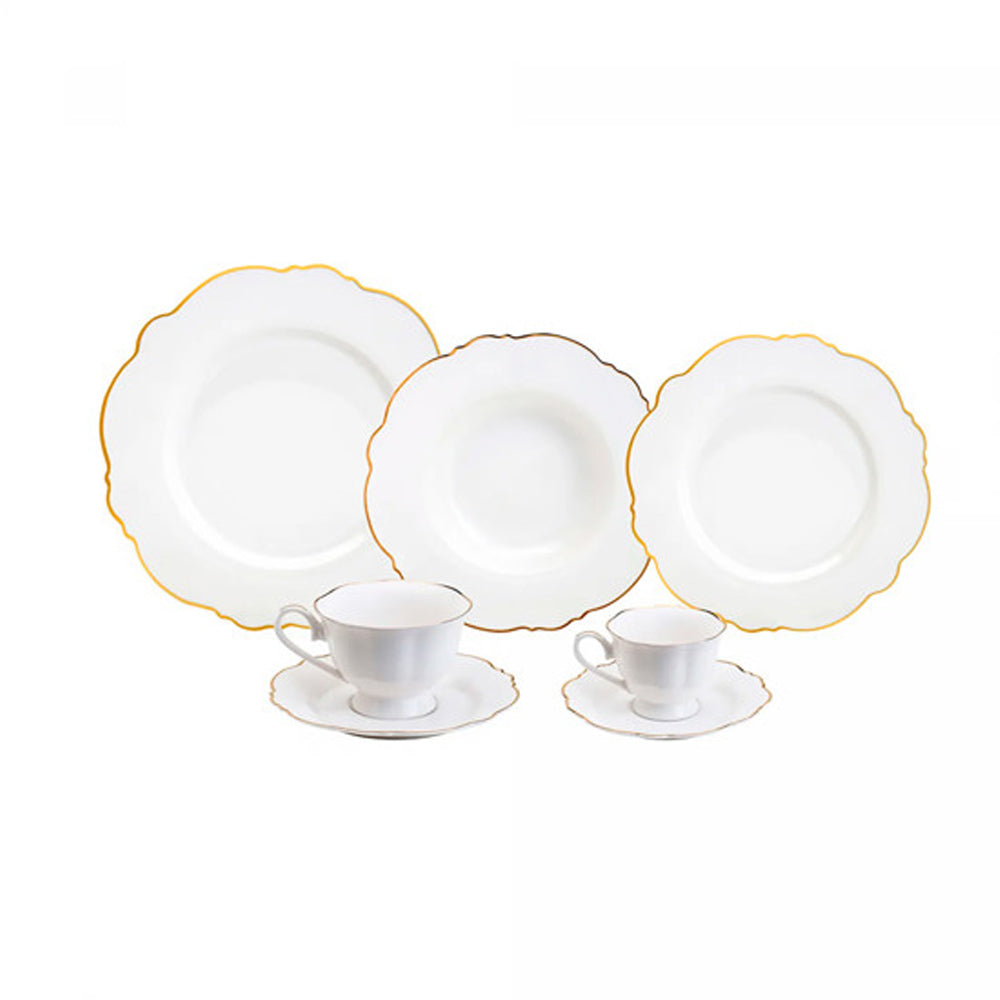 Aparelho De Jantar Maldivas 42 Peças Em Porcelana Branca Com Borda Dourada
