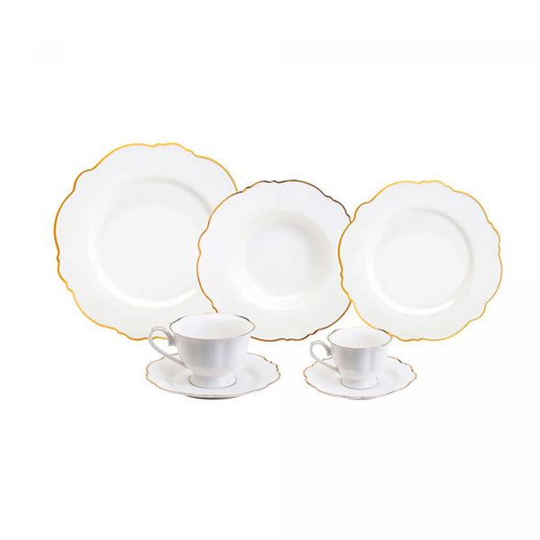Aparelho De Jantar Maldivas 42 Peças Em Porcelana Branca Com Borda Dourada