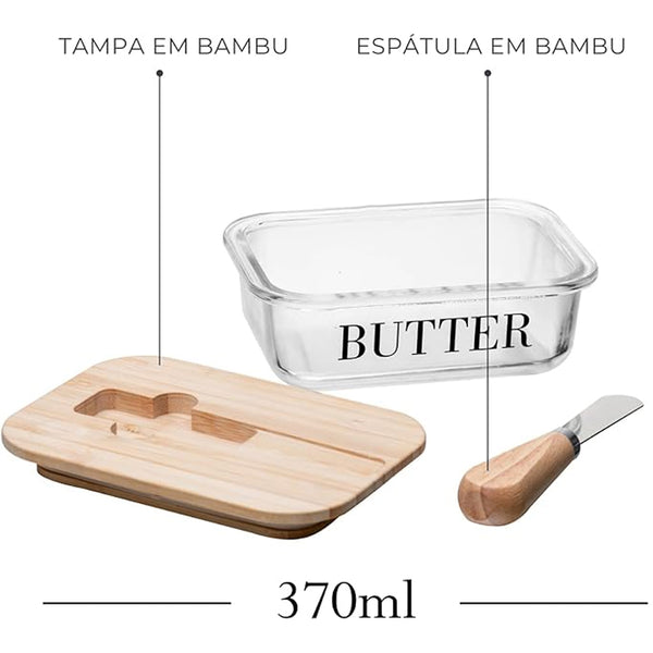 Manteigueira de Vidro com Espátula e Tampa de Bambu Wolff Vunica 15 x 11 x 5 cm