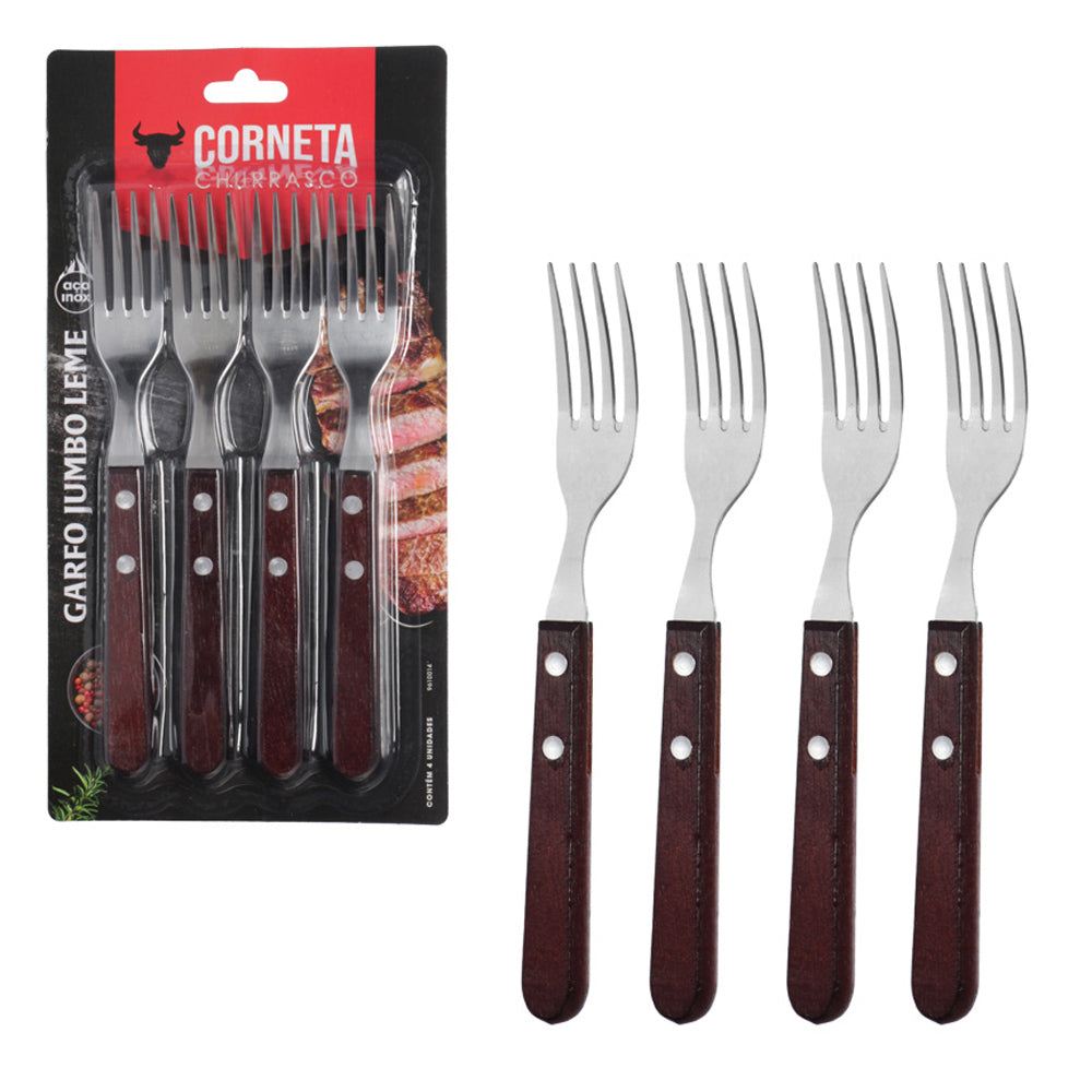 Garfo Jumbo P/Churrasco de Inox C/Cabo de Madeira Leme 4Pçs