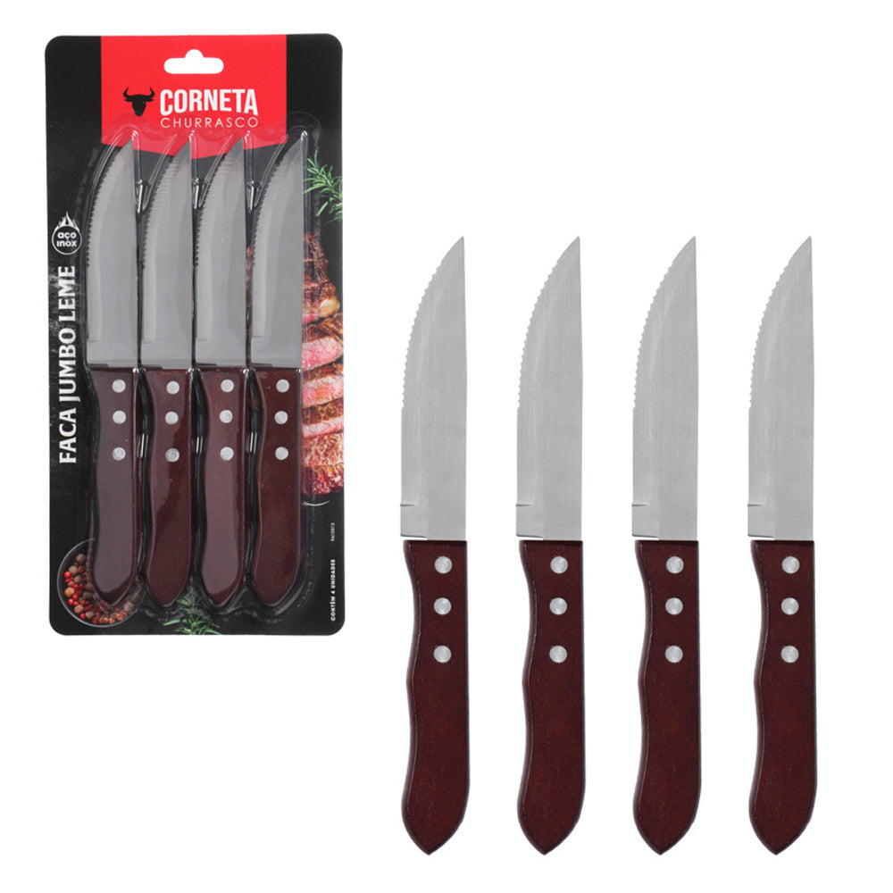 Faca Jumbo P/Churrasco de Inox com Cabo de Madeira Leme 4Pçs
