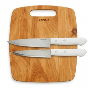 Jogo 3 Peças Facas Inox Cabo Branco E Tábua Madeira Brinox