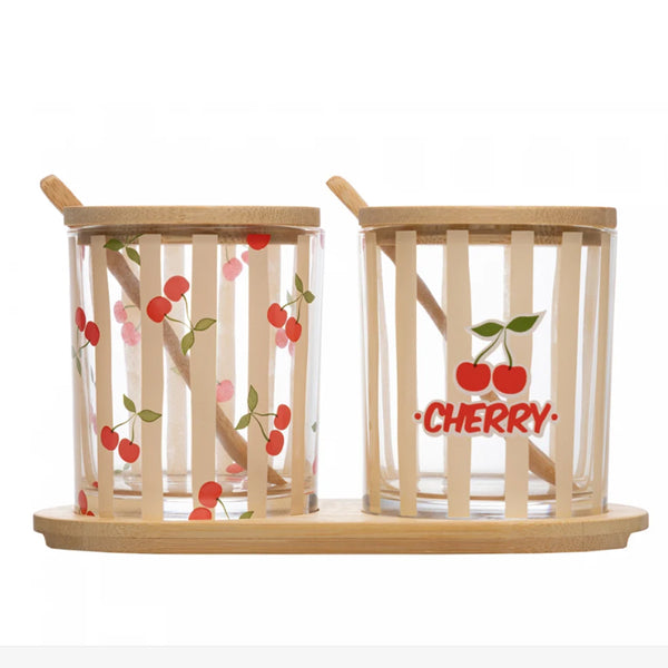 Conjunto 2 Potes de Vidro com Colher e Bandeja Cherry Bambu Lyor