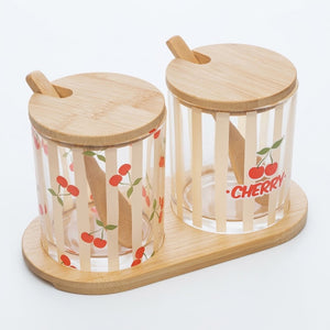 Conjunto 2 Potes de Vidro com Colher e Bandeja Cherry Bambu Lyor