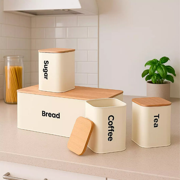 Kit 4 Potes Metal Tampa Bambu Porta Mantimentos Creme Dolcehome