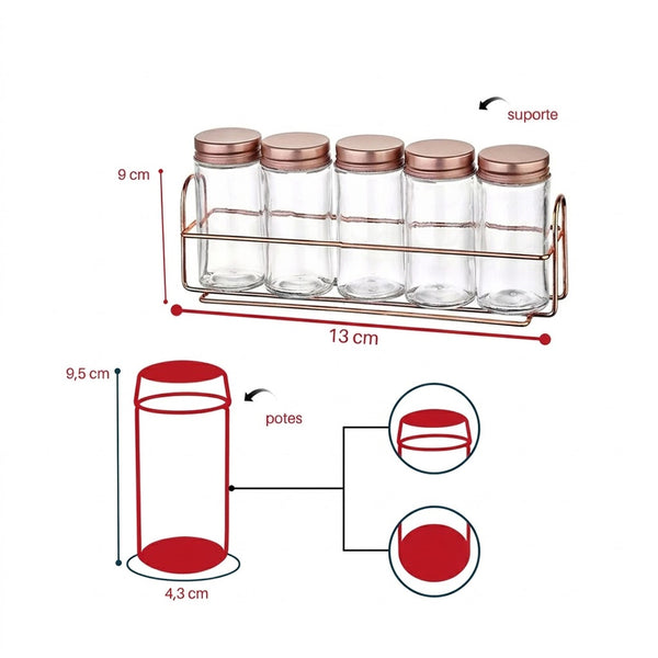 Potes P/condimentos Vidro Rose Kit C/5 Suporte Dolce Home Rose