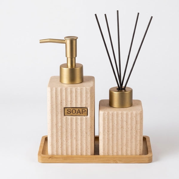 Conjunto Banheiro Lisse 3Pçs Bege em Cerâmica C/Base de Bambu Wolff