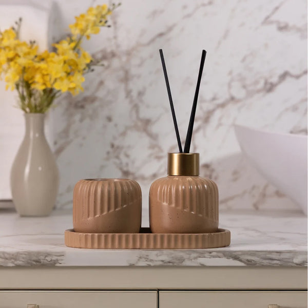 Conjunto Difusor com Porta Vela e Bandeja Bold Cerâmica Terracota- Lyor