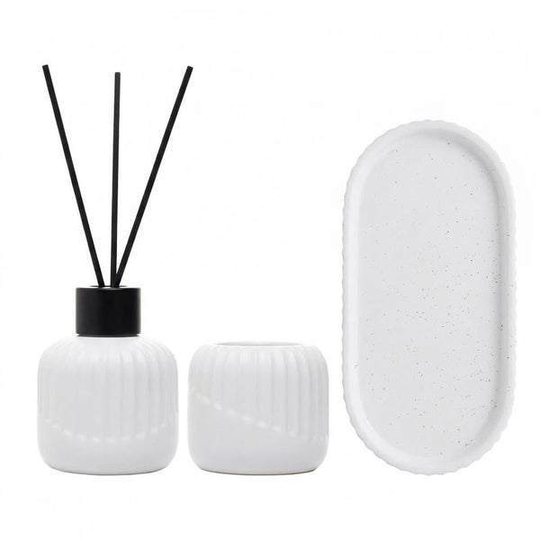 Conjunto Difusor com Porta Vela e Bandeja Bold Cerâmica Branco- Lyor