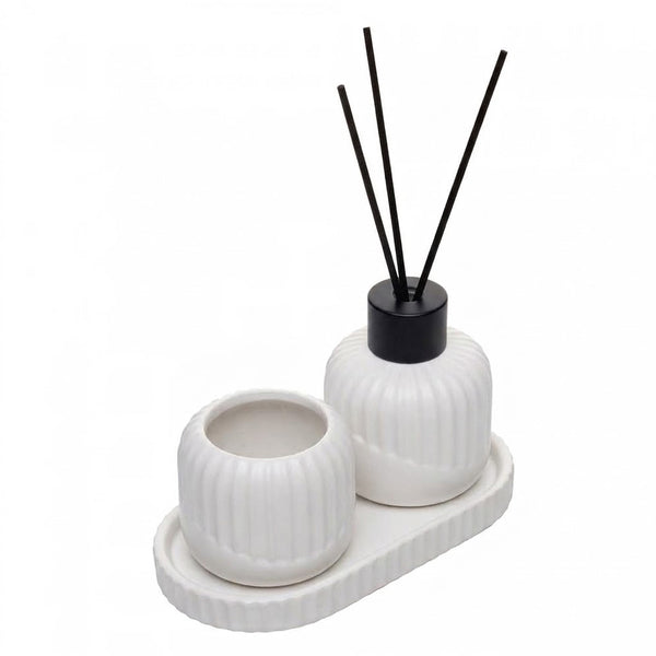 Conjunto Difusor com Porta Vela e Bandeja Bold Cerâmica Branco- Lyor