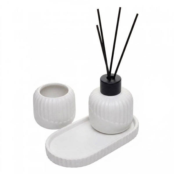 Conjunto Difusor com Porta Vela e Bandeja Bold Cerâmica Branco- Lyor