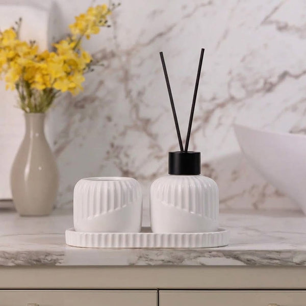 Conjunto Difusor com Porta Vela e Bandeja Bold Cerâmica Branco- Lyor