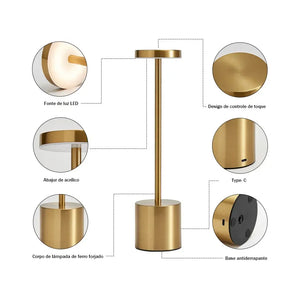 Luminária de Mesa Dourado LED 3 Tons USB Dourada  Lyor 35cm